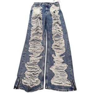 Good American The Khloe Jean Extreme Distressed High Rise Straight Blue 8/29 NEW